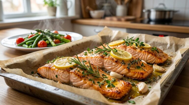 Salmón al horno con hierbas provenzales y limón (42 g de proteína)