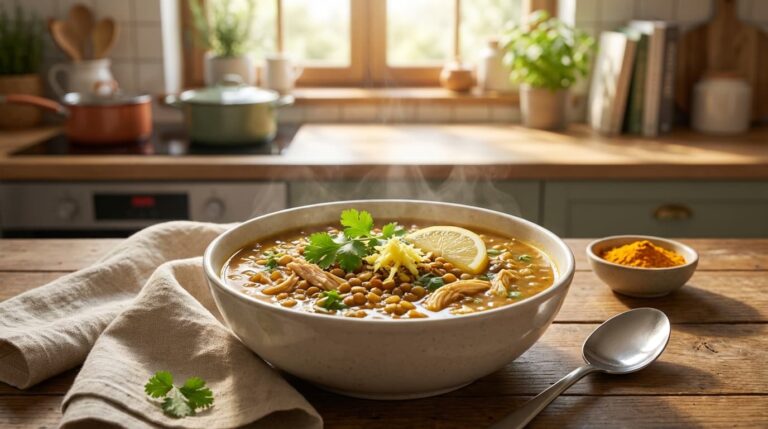 Sopa de lentejas con pollo y cúrcuma (receta antiinflamatoria — 45g de proteína)