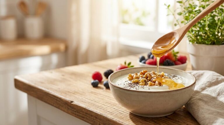 Yogur griego con nueces, miel y semillas de chía (desayuno rápido con 25g de proteína)