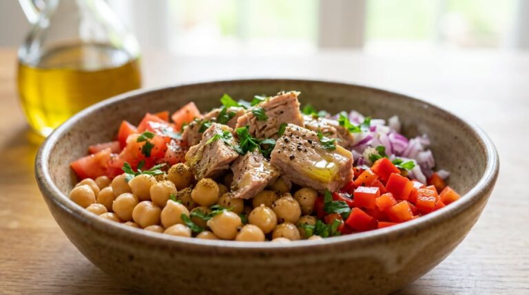 Ensalada templada de garbanzos con atún (30 g de proteína)