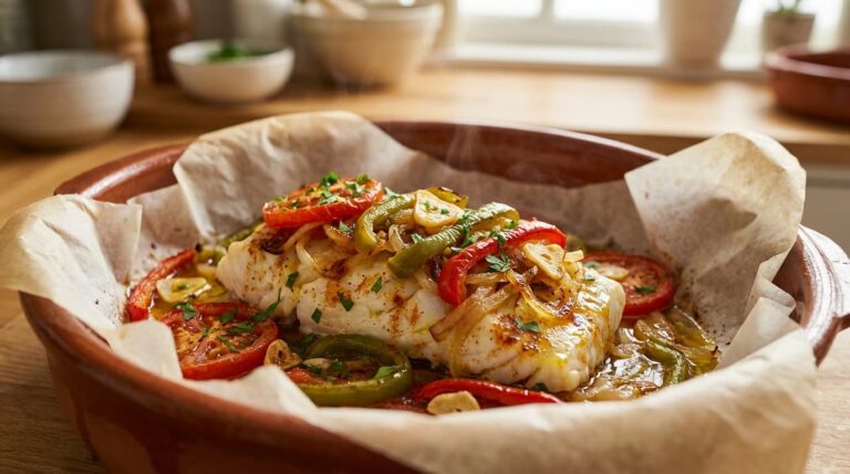 Bacalao al horno con pimientos y tomate (36 g de proteína)