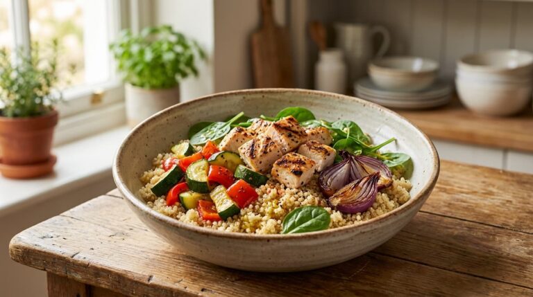 Bowl de quinoa con pollo y verduras asadas (32 g de proteína)