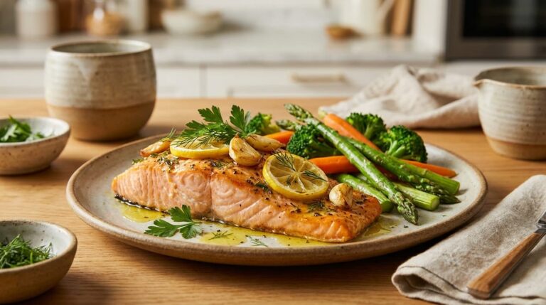 Salmón al horno con ajo, limón y hierbas (40g de proteína y omega-3)