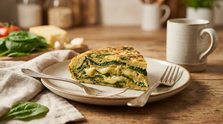 Tortilla española proteica con espinacas y queso (35g de proteína)